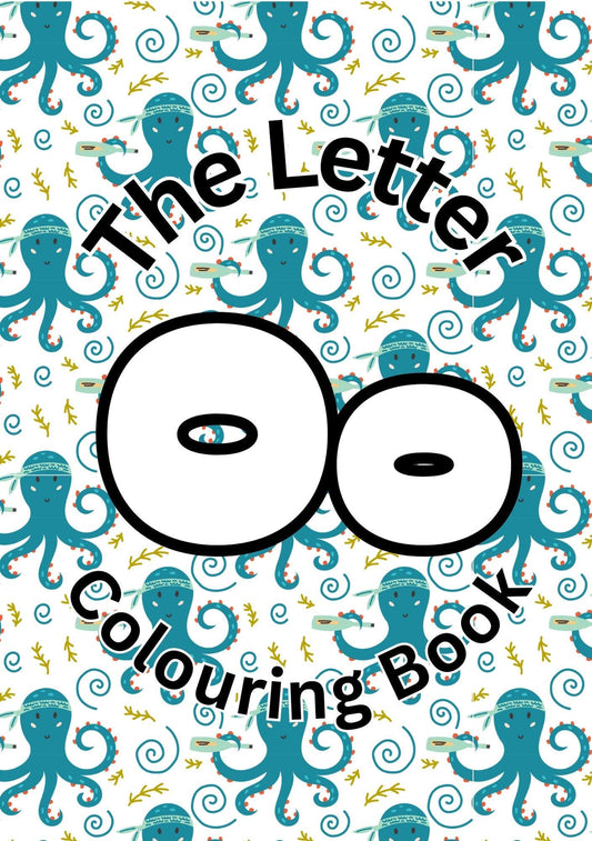 Cover of 'The Letter O Colouring Book' featuring stylized letter O's and blue octopuses pattern