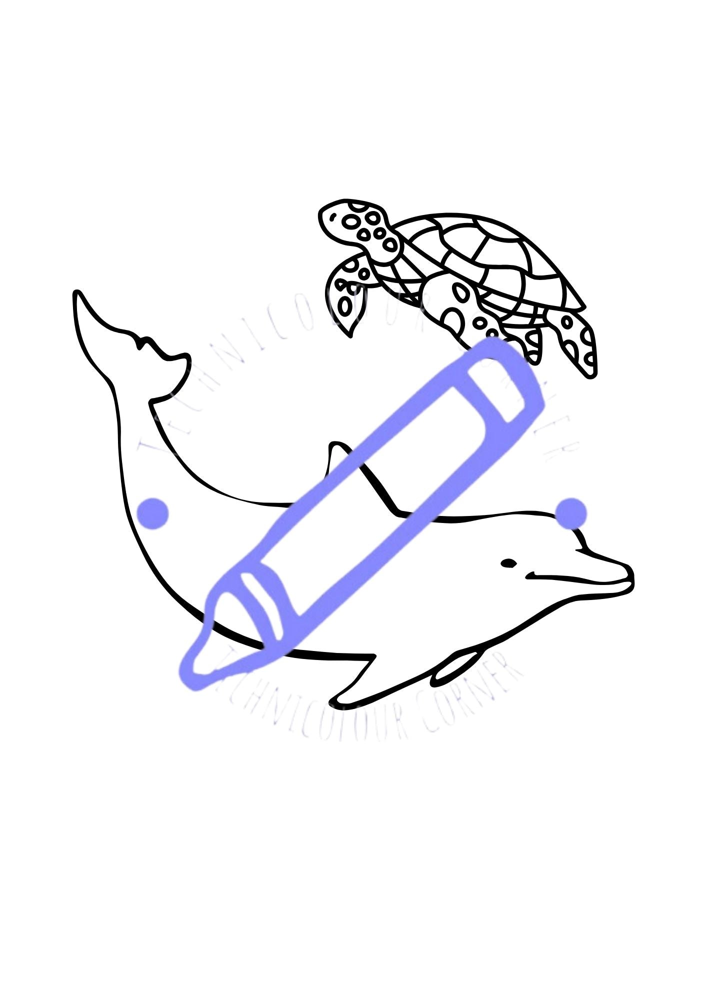 a colouring page of a dolphin and a turtle