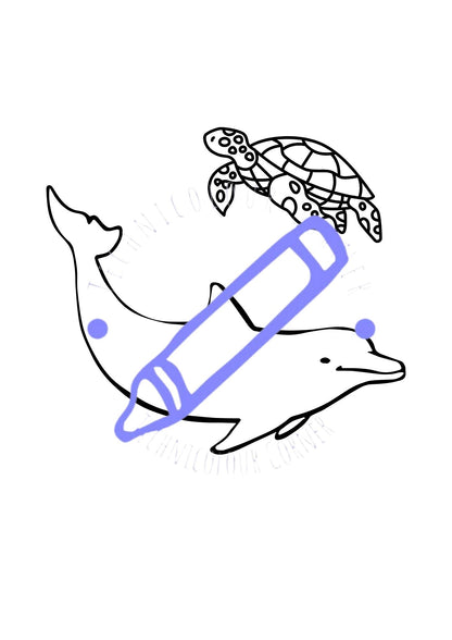 a colouring page of a dolphin and a turtle