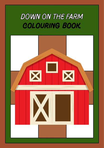 Cover of a farm-themed coloring book for kids, featuring a vibrant illustration of a red barn with a green field in the background.