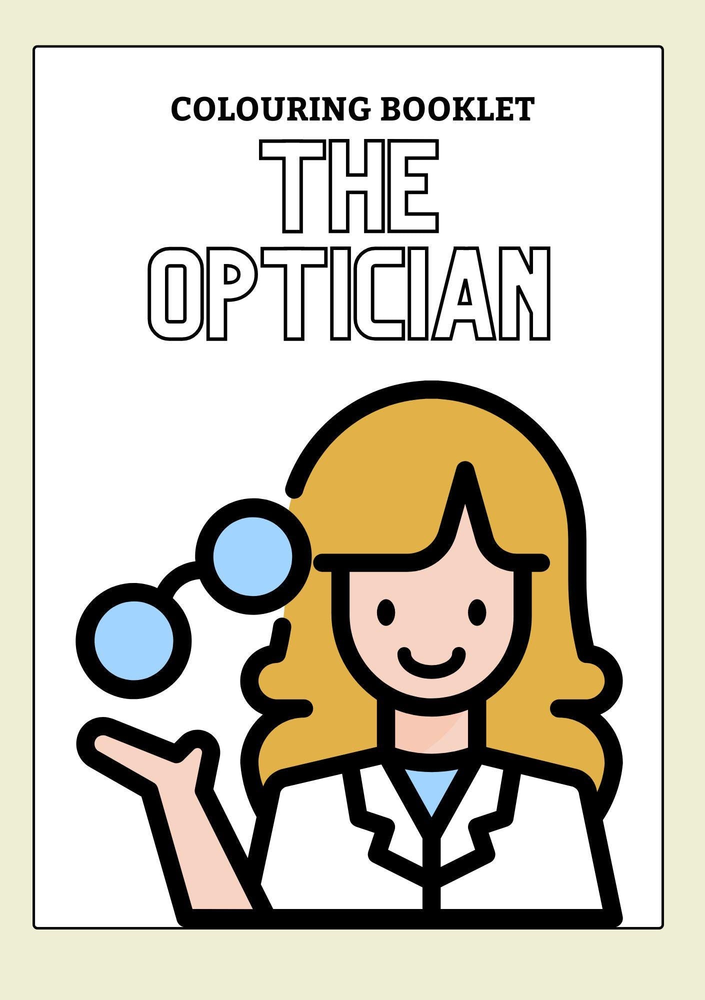 Cover of 'The Optician' colouring booklet featuring an illustrated woman with glasses and a smiling face, indicating a cheerful and welcoming atmosphere.