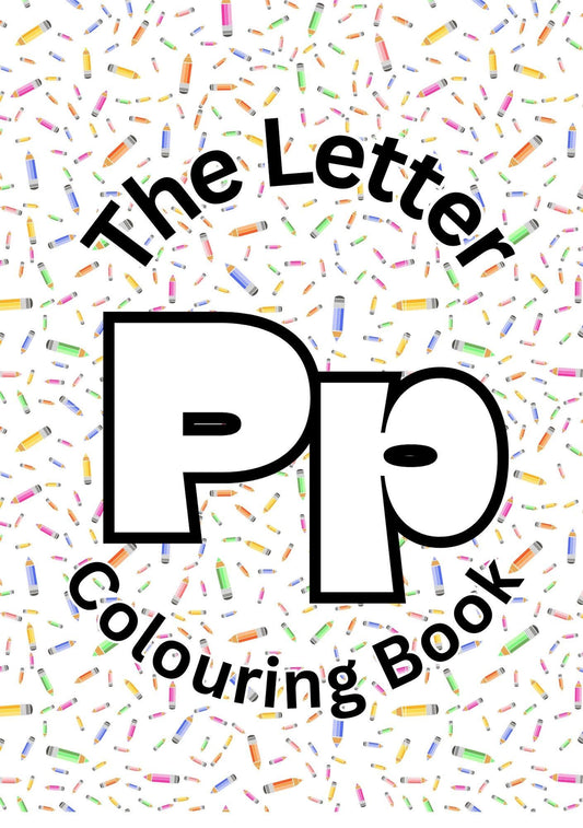 Cover of 'The Letter P Colouring Book' featuring stylized letter P with colorful confetti background.