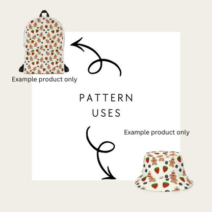 A pattern swatch graphic showing a backpack and a bucket hat with the same repeating strawberry and berry print on a cream background, plus arrows and the text 'PATTERN USES' to explain how the print applies to different product types.