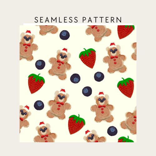 A repeating seamless pattern featuring gingerbread bears wearing Santa hats, red strawberries, and blue blueberries on a light cream background, with the text 'SEAMLESS PATTERN' above the design.