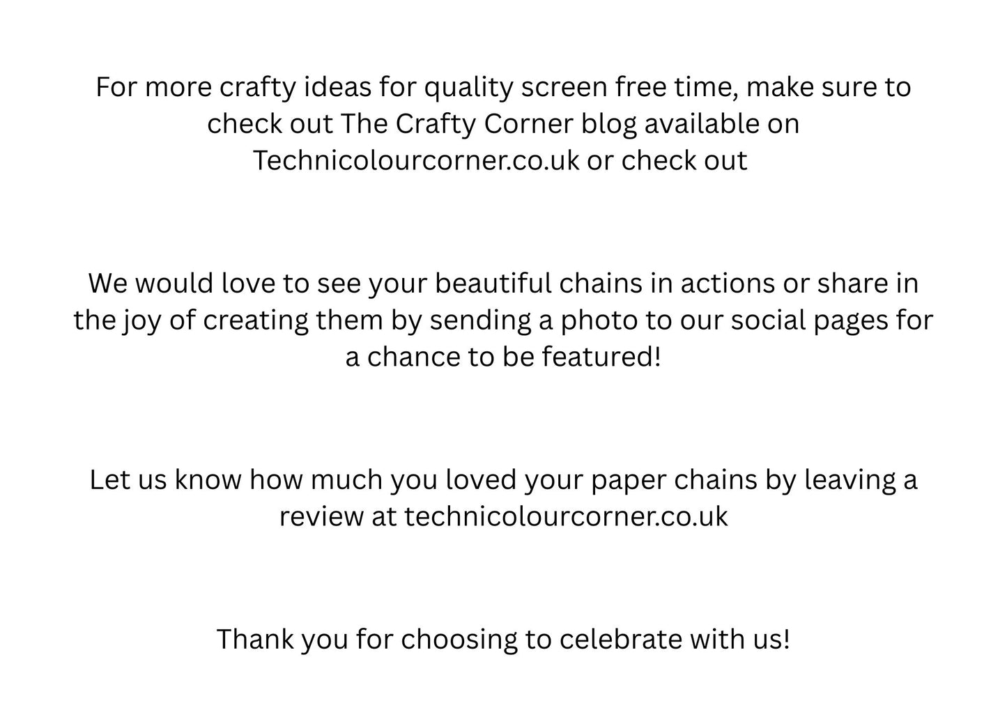 Text message encouraging engagement with The Crafty Corner blog and social media for paper chain creations.