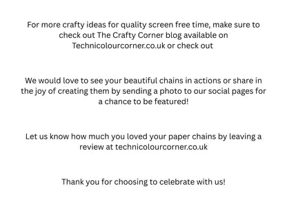 Text message encouraging engagement with The Crafty Corner blog and social media for paper chain creations.