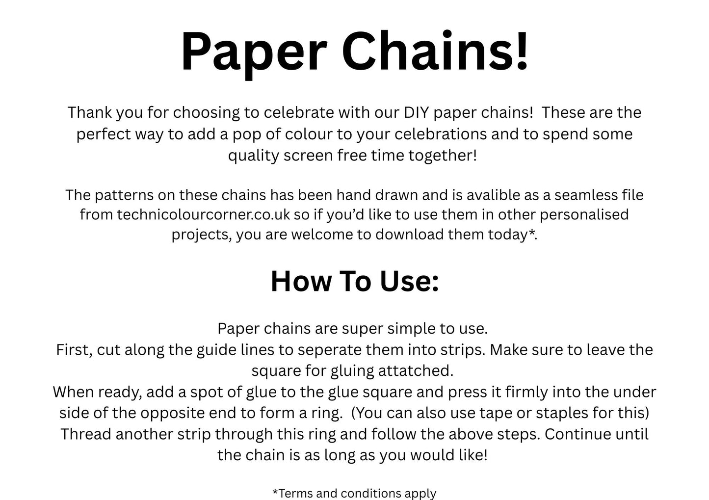 Instructions for using DIY paper chains on a white background