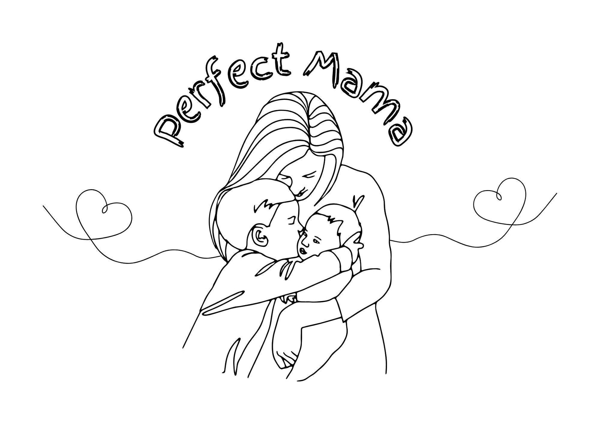 digtial download colouring page for mothers day showing a mother hugging a baby and a child to her