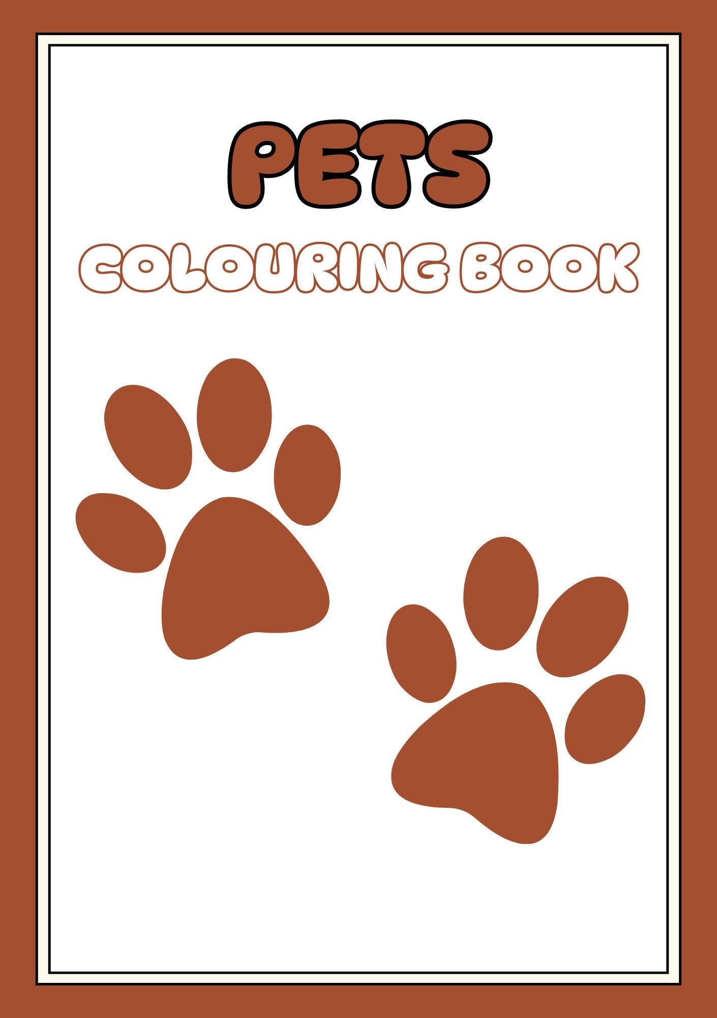 Cover of the digital coloring book 'Pets' featuring paw prints and the title 'PETS COLOURING BOOK'.