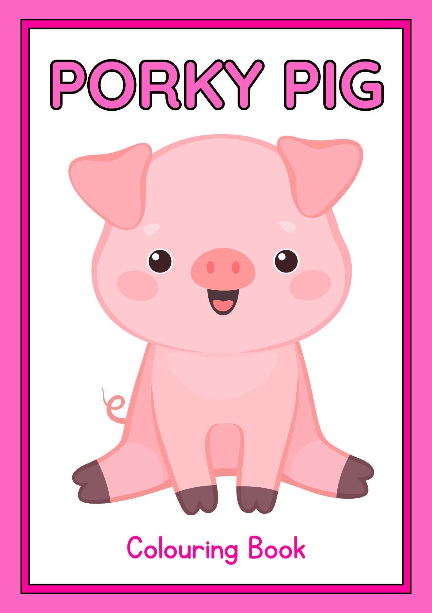 Cover of 'Porky Pig Colouring Book' featuring a smiling pig illustration.