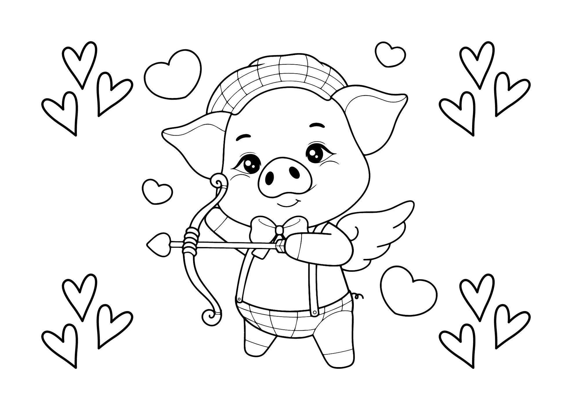 a colouring page of a pig as cupid with hearts