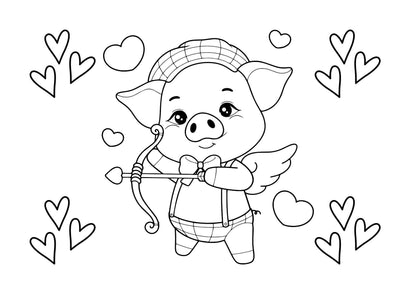 a colouring page of a pig as cupid with hearts