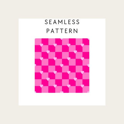 Pattern design with pink and purple hearts on a beige background, labeled 'Seamless Pattern'.
