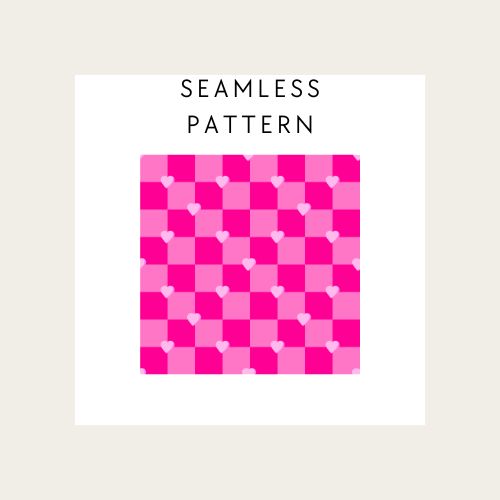 Pattern design with pink and purple hearts on a beige background, labeled 'Seamless Pattern'.