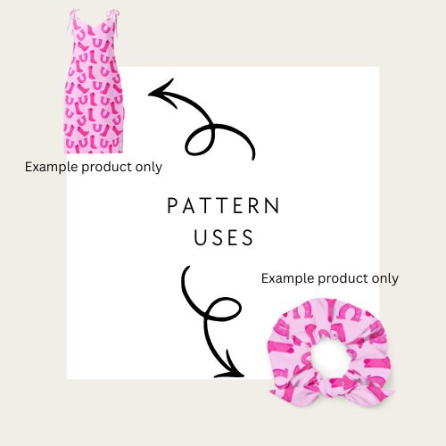 Pink pony patterned dress, hair tie, and scrunchie on a beige background with text indicating 'Example product only'.