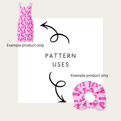 Pink pony patterned dress, hair tie, and scrunchie on a beige background with text indicating 'Example product only'.