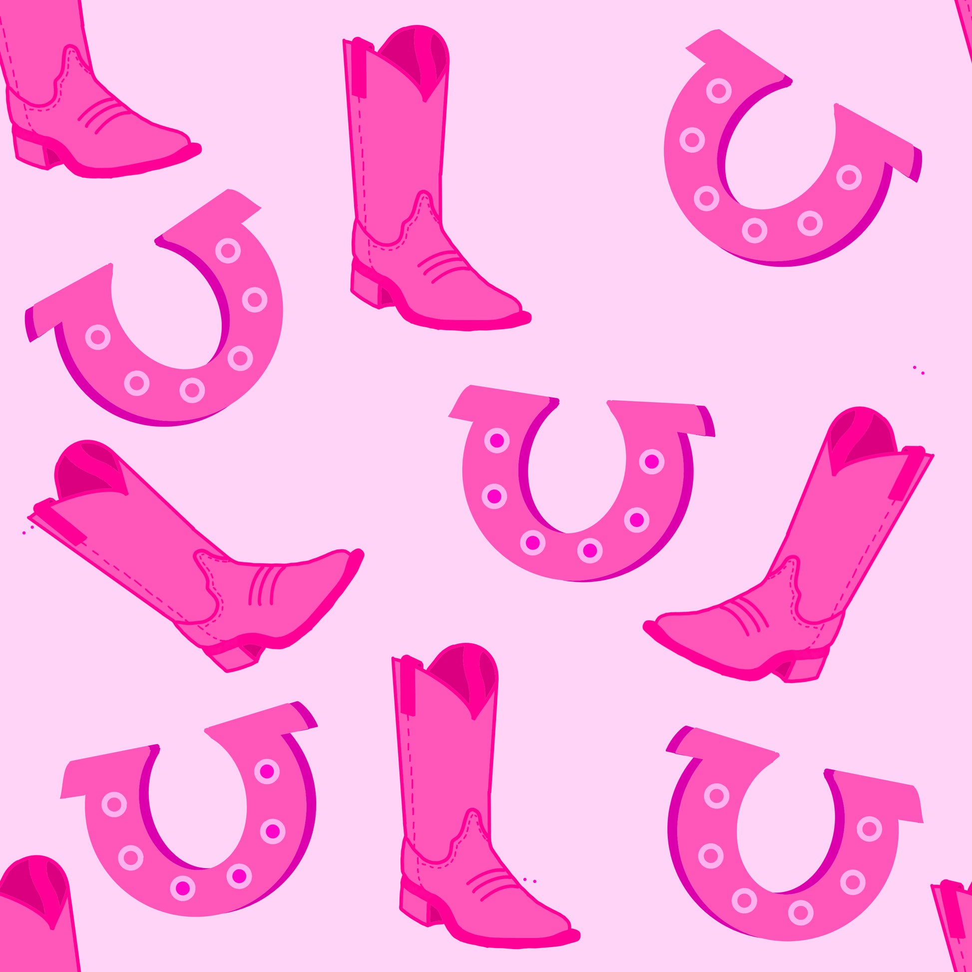 Pattern of pink cowboy boots and horseshoes on a pink background