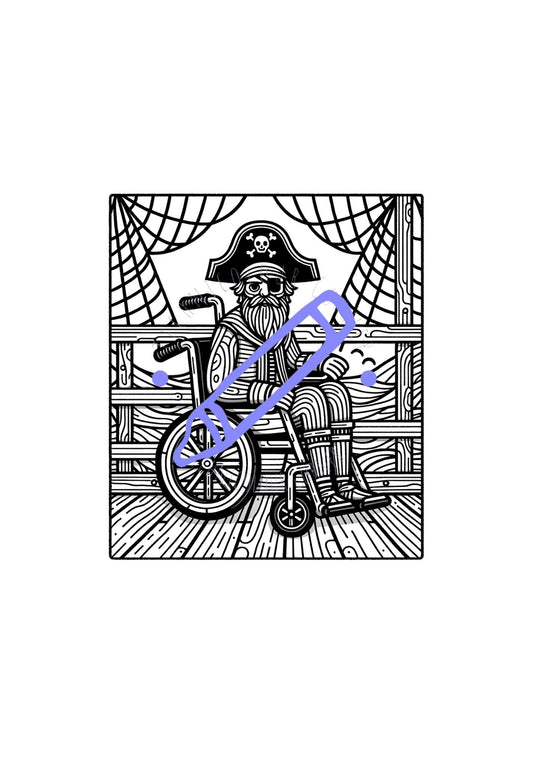 Cartoon pirate in a wheelchair colouring page with a blue checkmark through it on a white background