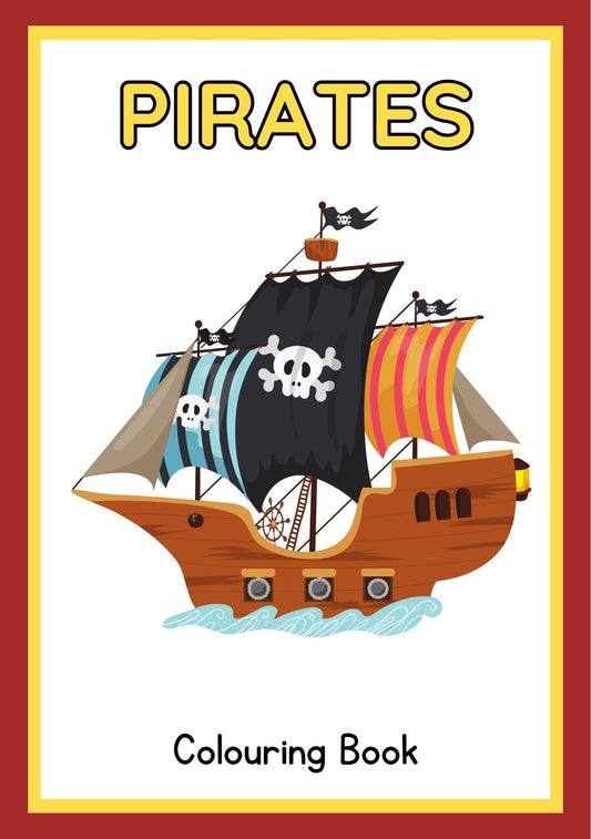 Cover page of a digital coloring book with the title 'PIRATES Colouring Book' featuring a vibrant illustration of a pirate ship with flags and a skull and crossbones design.