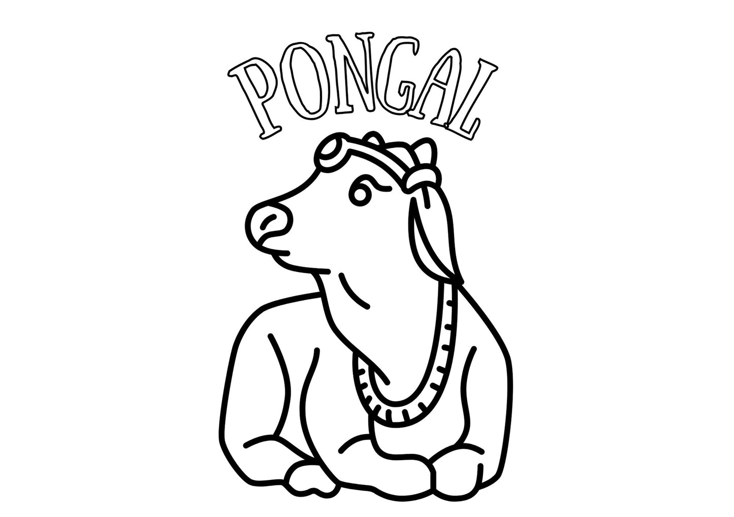 Black and white illustration of a cow with 'Pongal' text on a white background