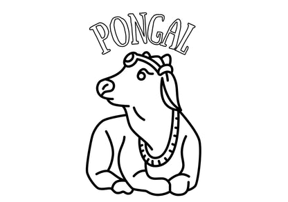Black and white illustration of a cow with 'Pongal' text on a white background