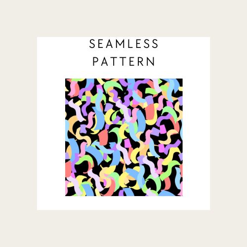 Colorful pattern design with text 'Seamless Pattern' on a beige background