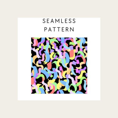Colorful pattern design with text 'Seamless Pattern' on a beige background