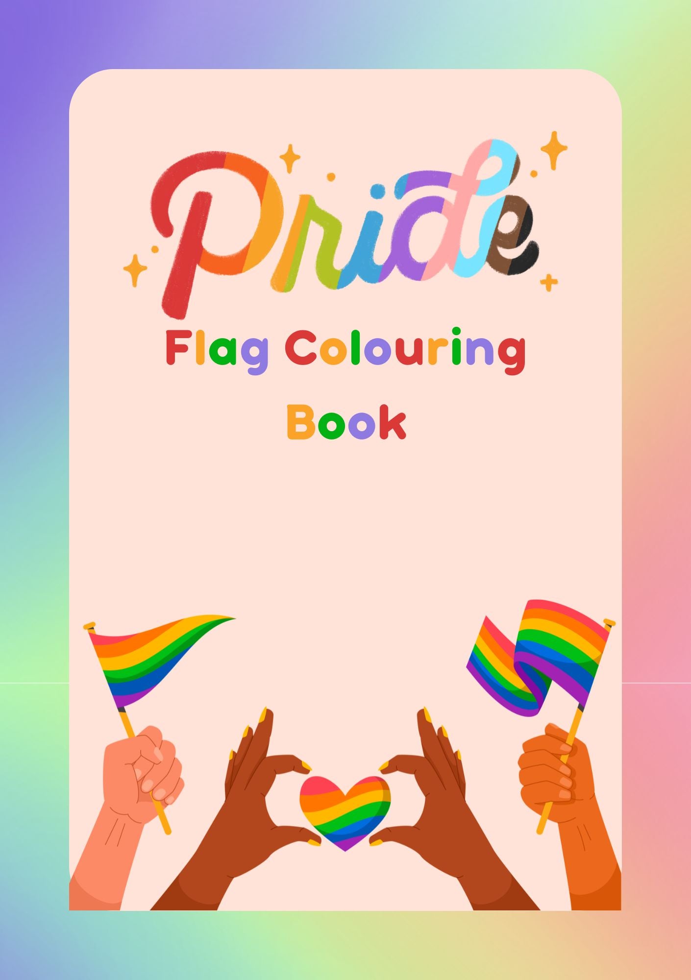 Cover of a Pride Flag Colouring Book with rainbow flags and hearts on a gradient background