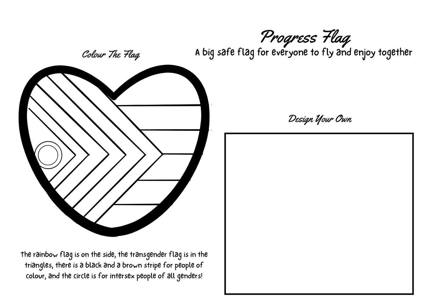 Coloring page of a heart-shaped progress flag with text instructions on a white background.
