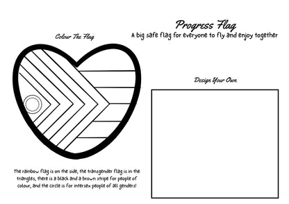 Coloring page of a heart-shaped progress flag with text instructions on a white background.