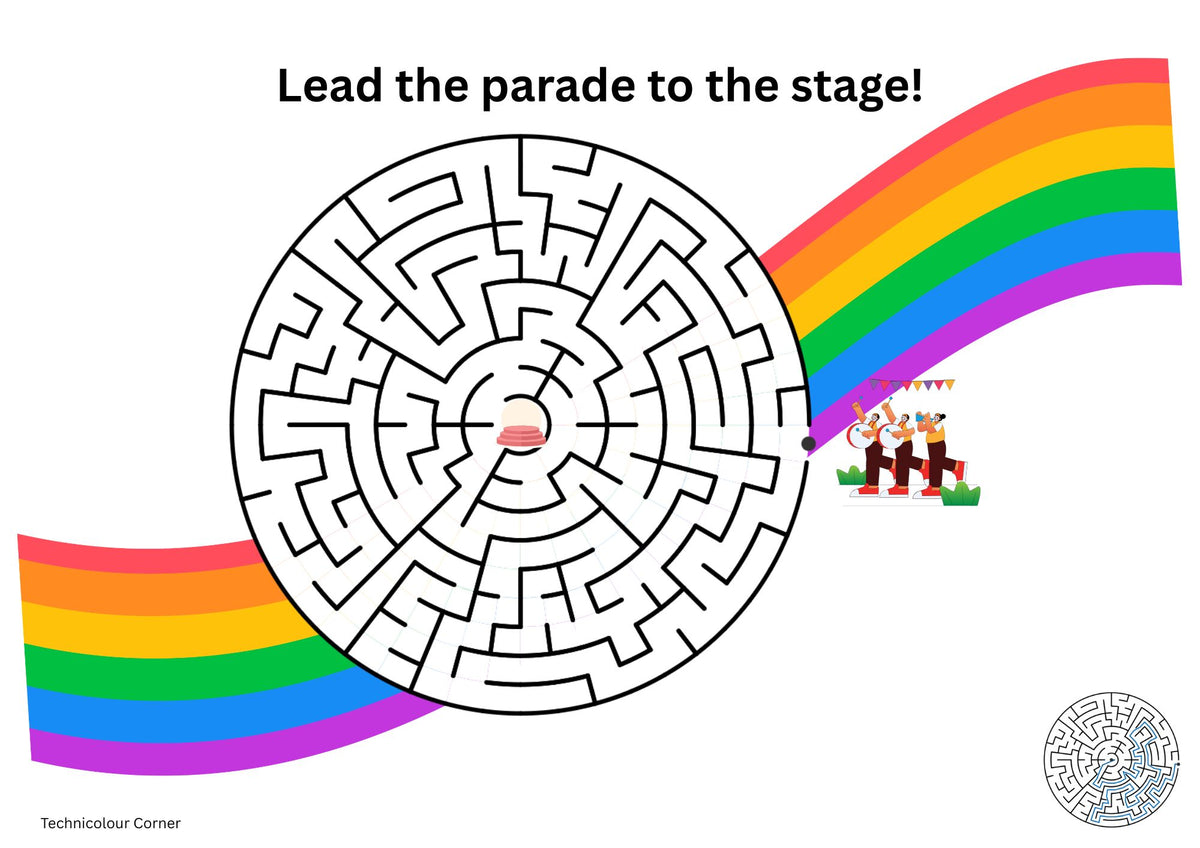 A black-and-white circular maze with rainbow graphics entering from the left and right, plus the text 'Lead the parade to the stage!' and a small parade illustration. A small 'Technicolour Corner' mark appears at bottom left, and a larger circular logo appears at bottom right.