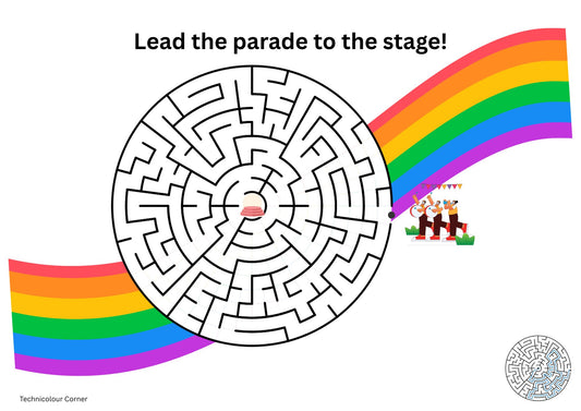 A black-and-white circular maze with rainbow graphics entering from the left and right, plus the text 'Lead the parade to the stage!' and a small parade illustration. A small 'Technicolour Corner' mark appears at bottom left, and a larger circular logo appears at bottom right.