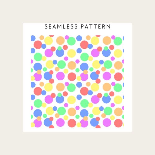 Colorful polka dot pattern on a white background with 'Seamless Pattern' text.