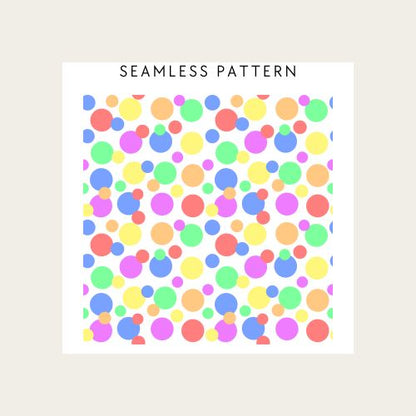 Colorful polka dot pattern on a white background with 'Seamless Pattern' text.
