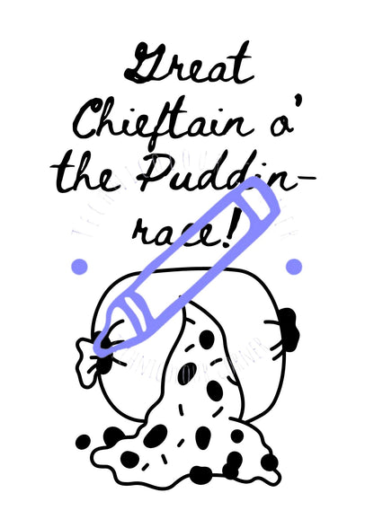 A colouring page for burns night showing a haggis saying great chieftain o the puddin race