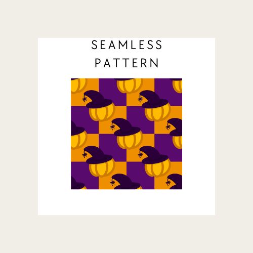 Pattern design with pumpkins and witch hats on a checkered background, labeled 'Seamless Pattern'.