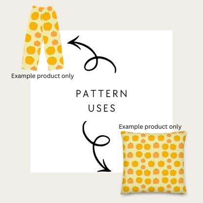 Pattern application on a product with arrows and text indicating example products showing how to use the orange halloween pumpkin seamless file
