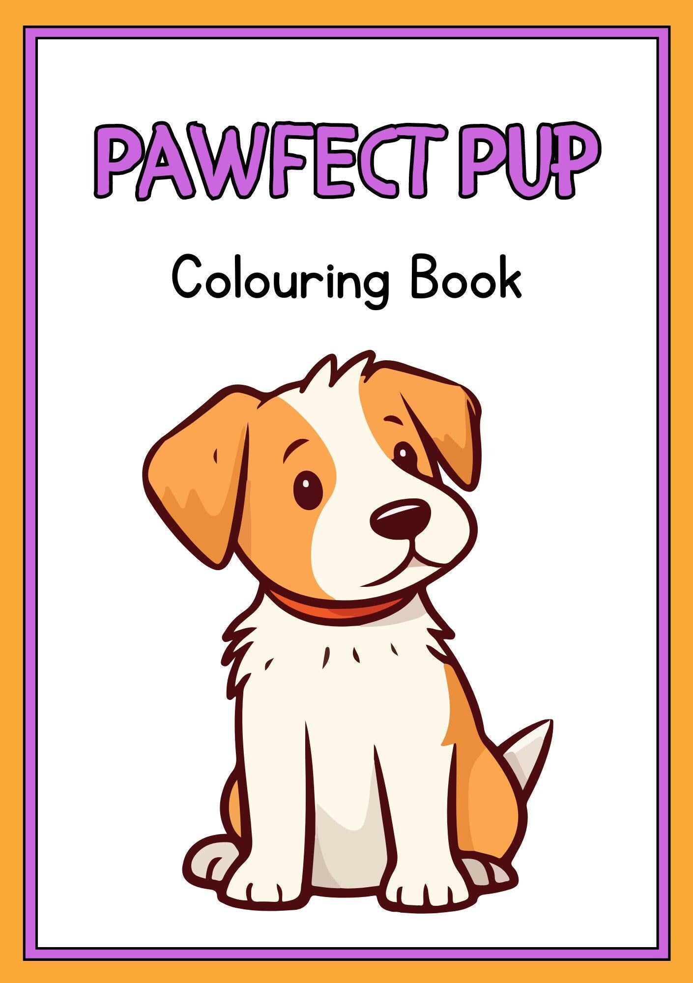 Cover of the 'Pawfect Pup - Digital Colouring Book for Kids' featuring an illustration of a beige and white dog with the title text.