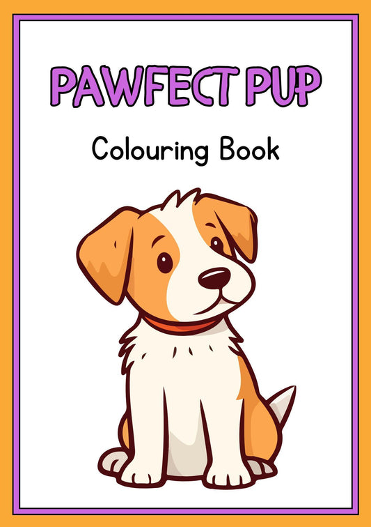 Cover of the 'Pawfect Pup - Digital Colouring Book for Kids' featuring an illustration of a beige and white dog with the title text.