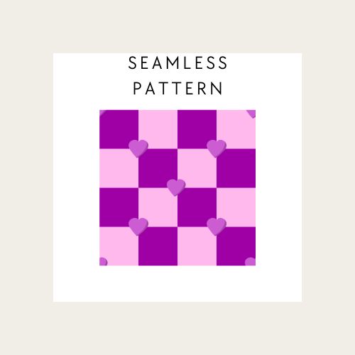 Checkered pattern with hearts and text 'Seamless Pattern' on a beige background