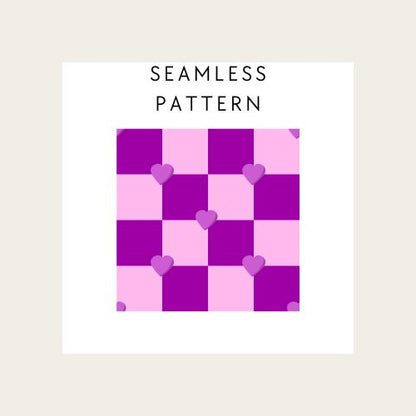 Checkered pattern with hearts and text 'Seamless Pattern' on a beige background