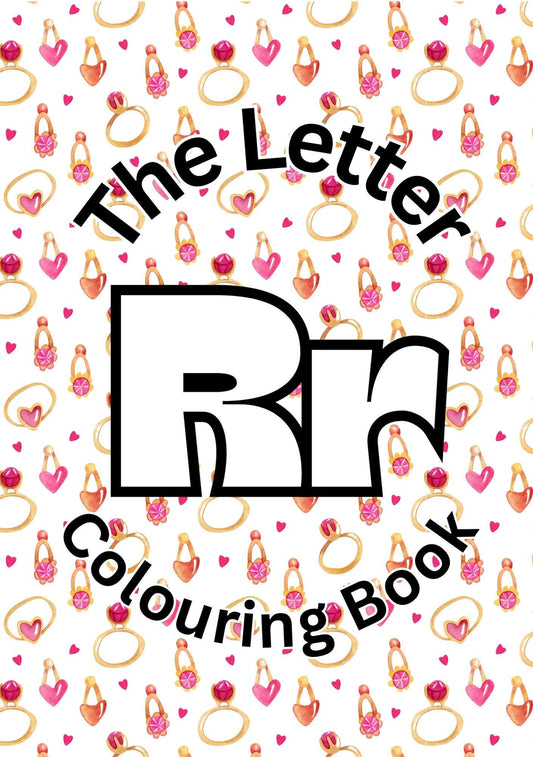 Cover of 'The Letter R Colouring Book' featuring a pattern of the letter 'R' with colorful hearts and flowers.