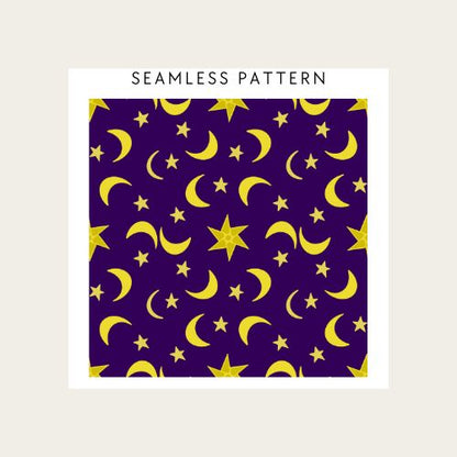 Pattern of yellow moons and stars on a purple background with 'Seamless Pattern' text.