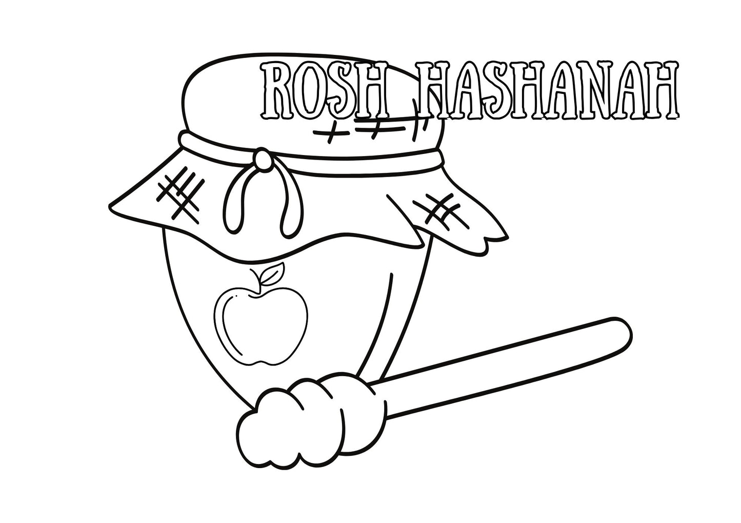 Coloring page with a rosh hashanah theme featuring a shofar, apple, and hat.