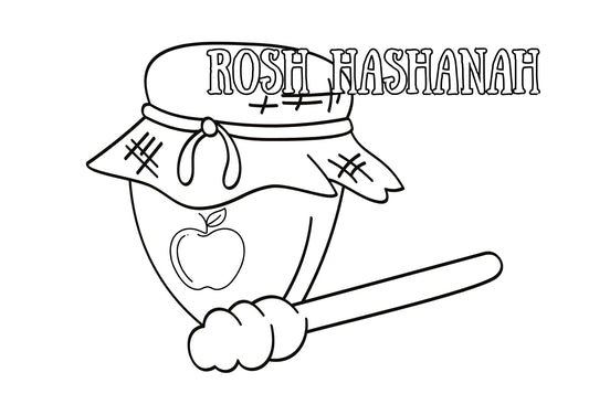 Coloring page with a rosh hashanah theme featuring a shofar, apple, and hat.
