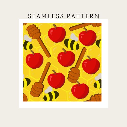 Seamless pattern with red apples, honeycombs, and bees on a yellow background.