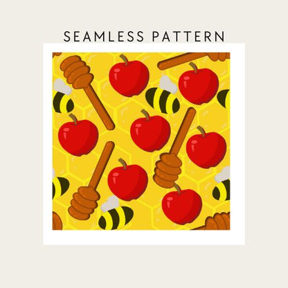 Seamless pattern with red apples, honeycombs, and bees on a yellow background.