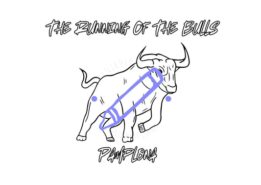 A digital colouring page with a sketch of a bull and the text 'THE RUNNING OF THE BULLS PAMPLONA'