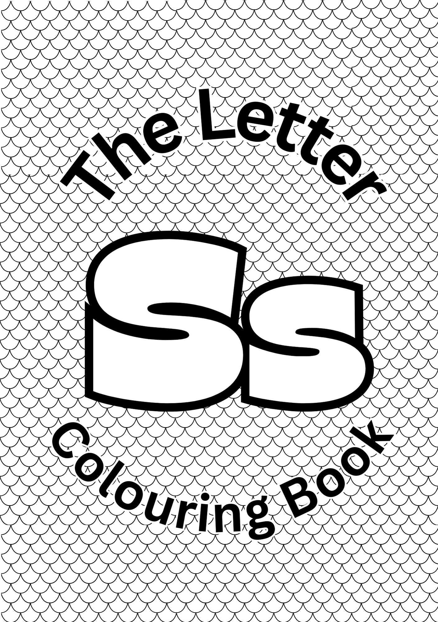 Cover of 'The Letter S Colouring Book' featuring stylized letter 'S' and related colouring activities for young children.