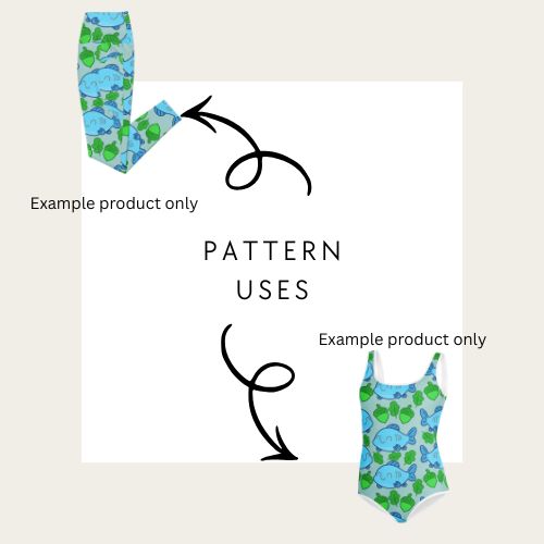 Patterned leggings and swimsuit with text indicating 'Example product only' and 'Pattern uses' to show how to use the salmon and acorn pattern